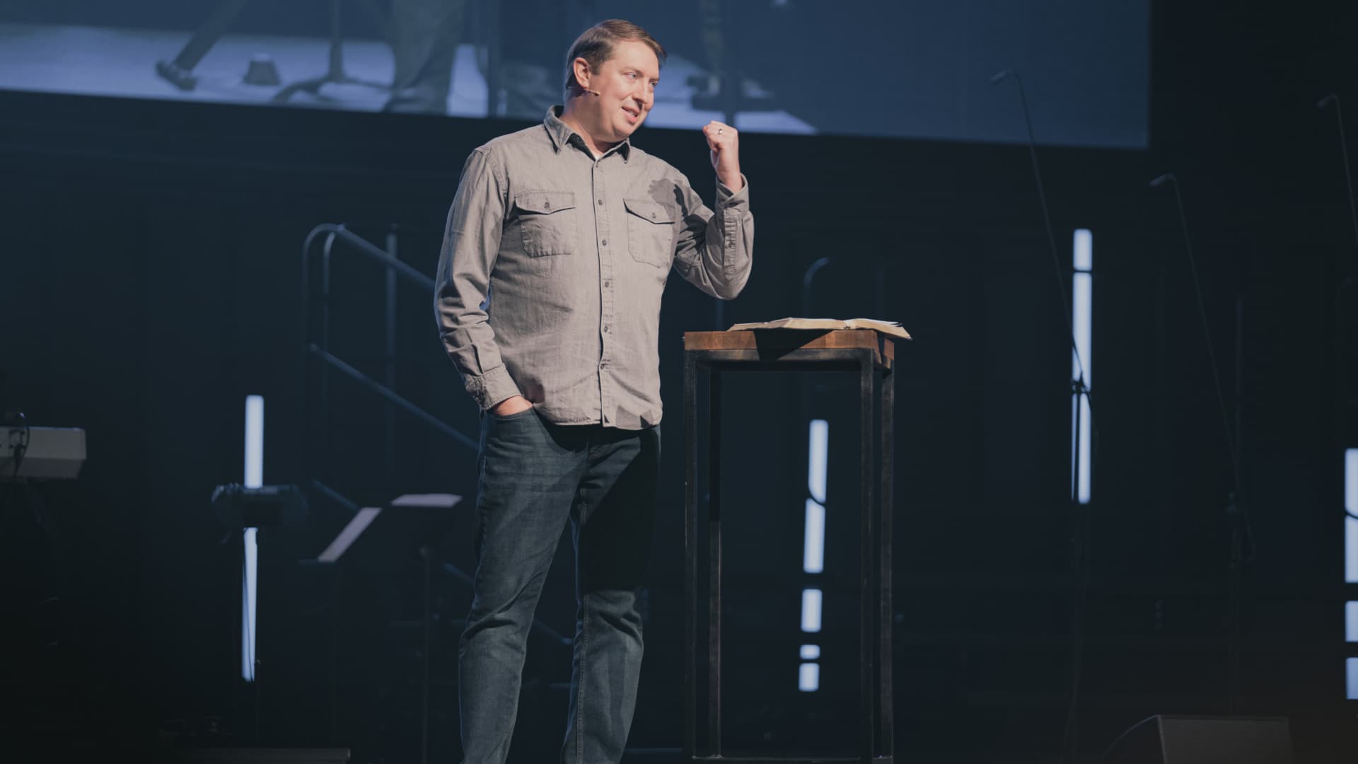 Dr. Travis Kaiser, Senior Minister and Chief Operations Officer of Driving With Jesus, teaching from the platform at Florence Baptist Church