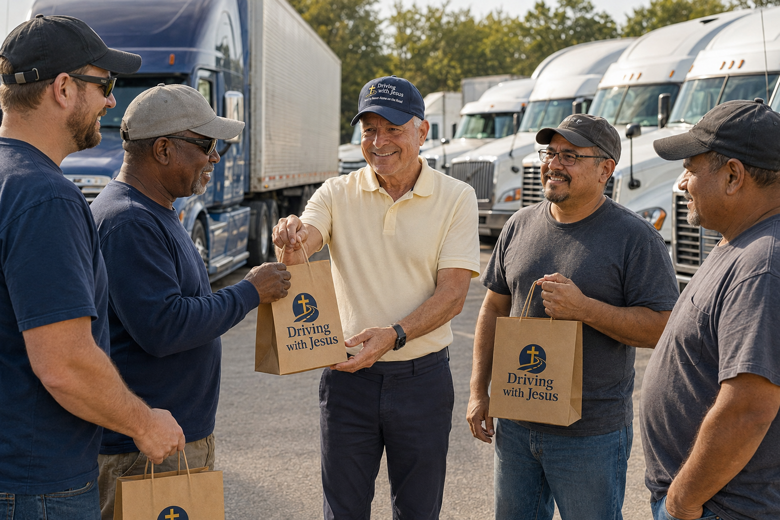 Volunteers delivering Driving With Jesus care bags to truck drivers at a logistics yard