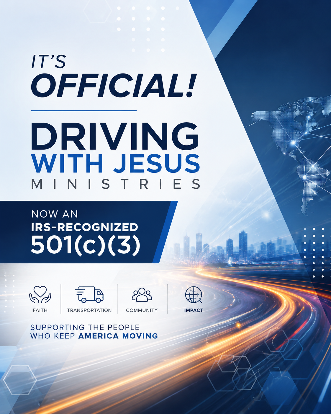 It's Official! Driving With Jesus Ministries is now an IRS-recognized 501(c)(3) nonprofit